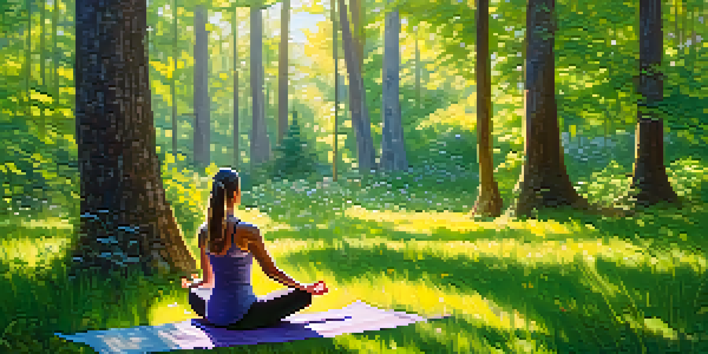 A person practicing yoga in a peaceful forest setting, surrounded by trees and flowers, with sunlight streaming through the leaves.