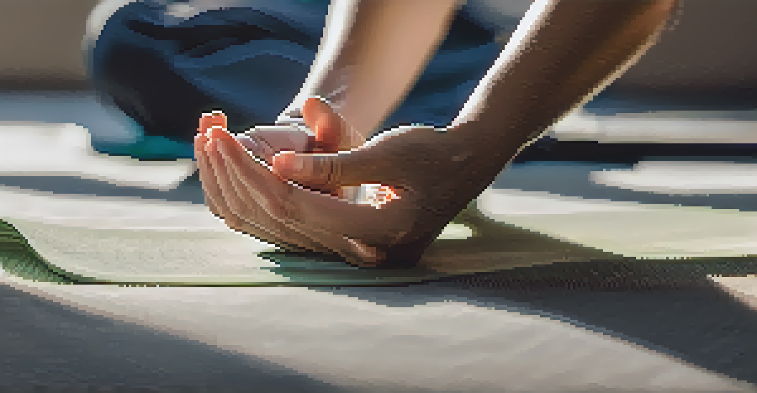Close-up of hands in a meditation pose with a soft indoor backdrop and yoga elements.