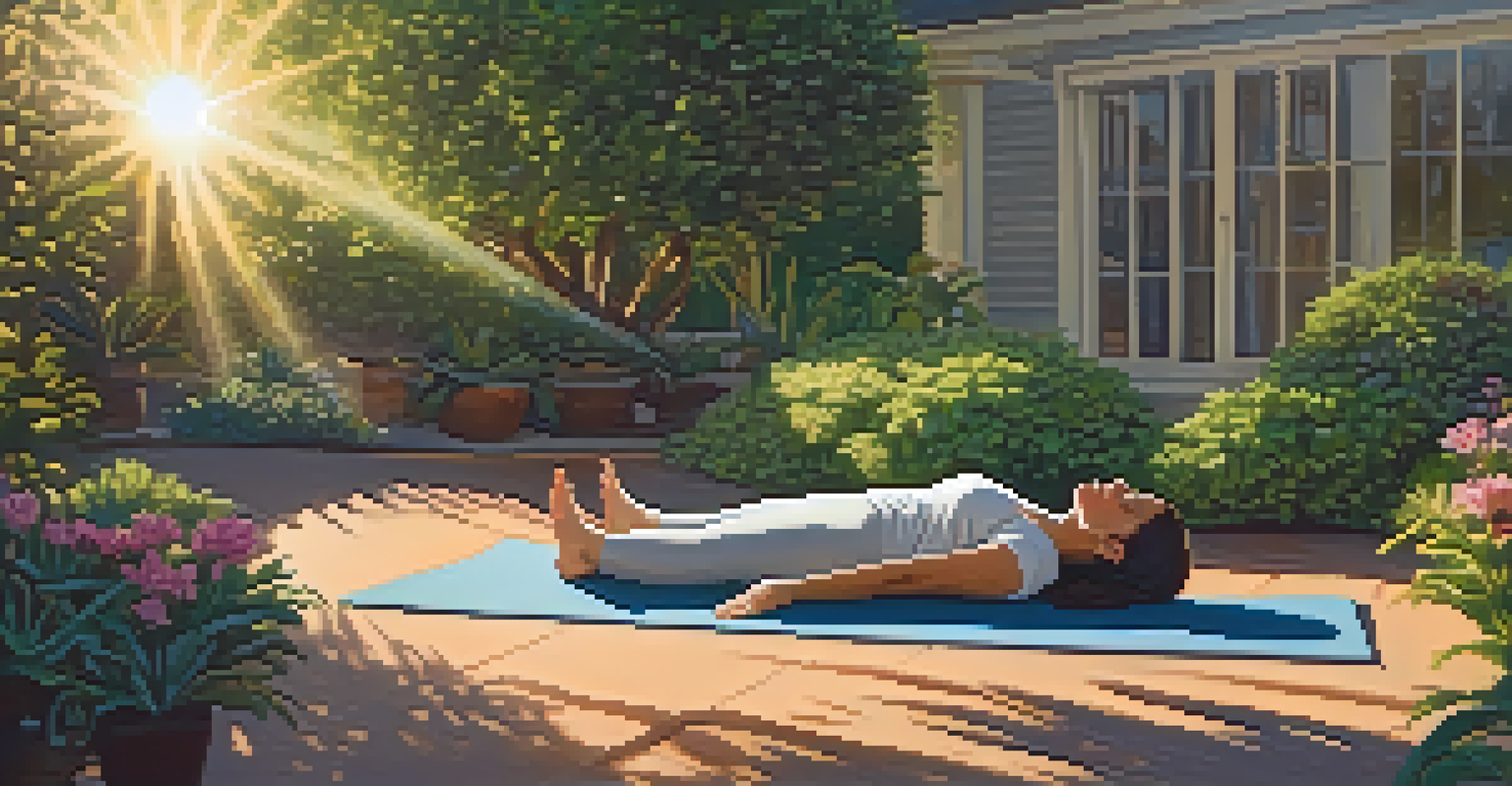 A person relaxing in Savasana in a beautiful garden during sunset, surrounded by greenery and flowers.