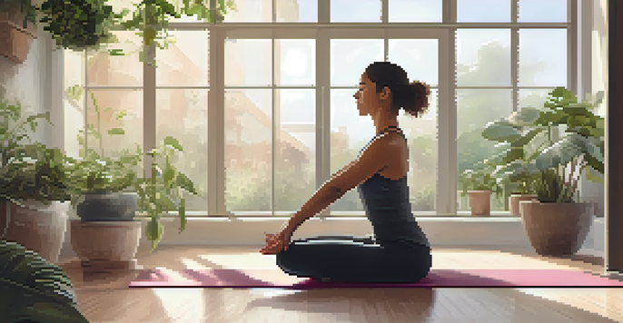 A person practicing Boat Pose in a bright yoga studio surrounded by plants, showing focus and tranquility.
