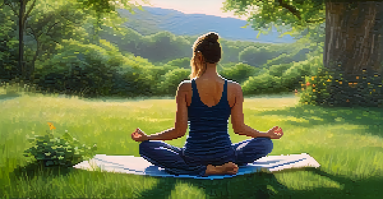 A person practicing deep breathing in a grassy outdoor setting, surrounded by trees and flowers, conveying tranquility and healing.