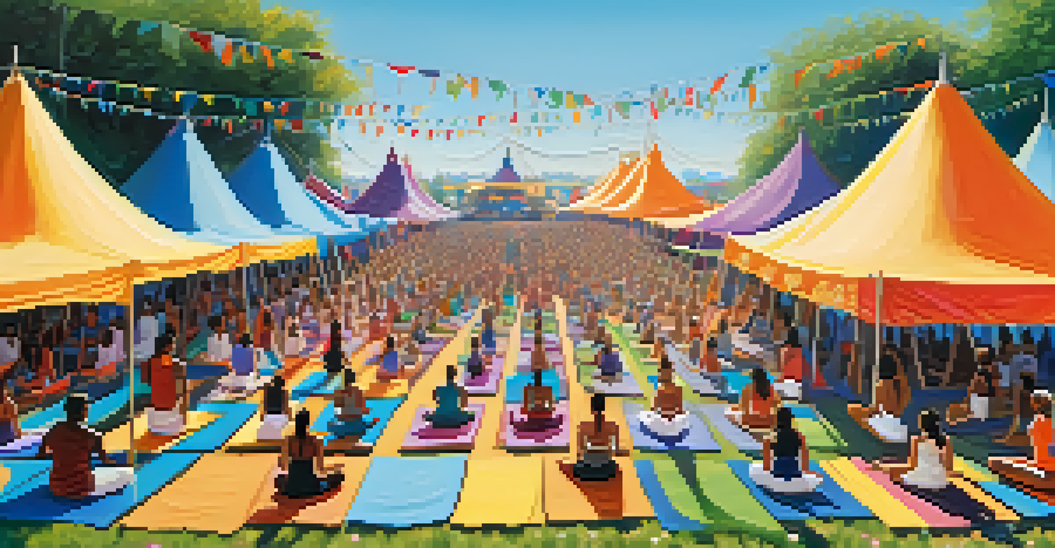 A lively outdoor yoga festival with diverse participants practicing yoga and cultural performances happening in the background.
