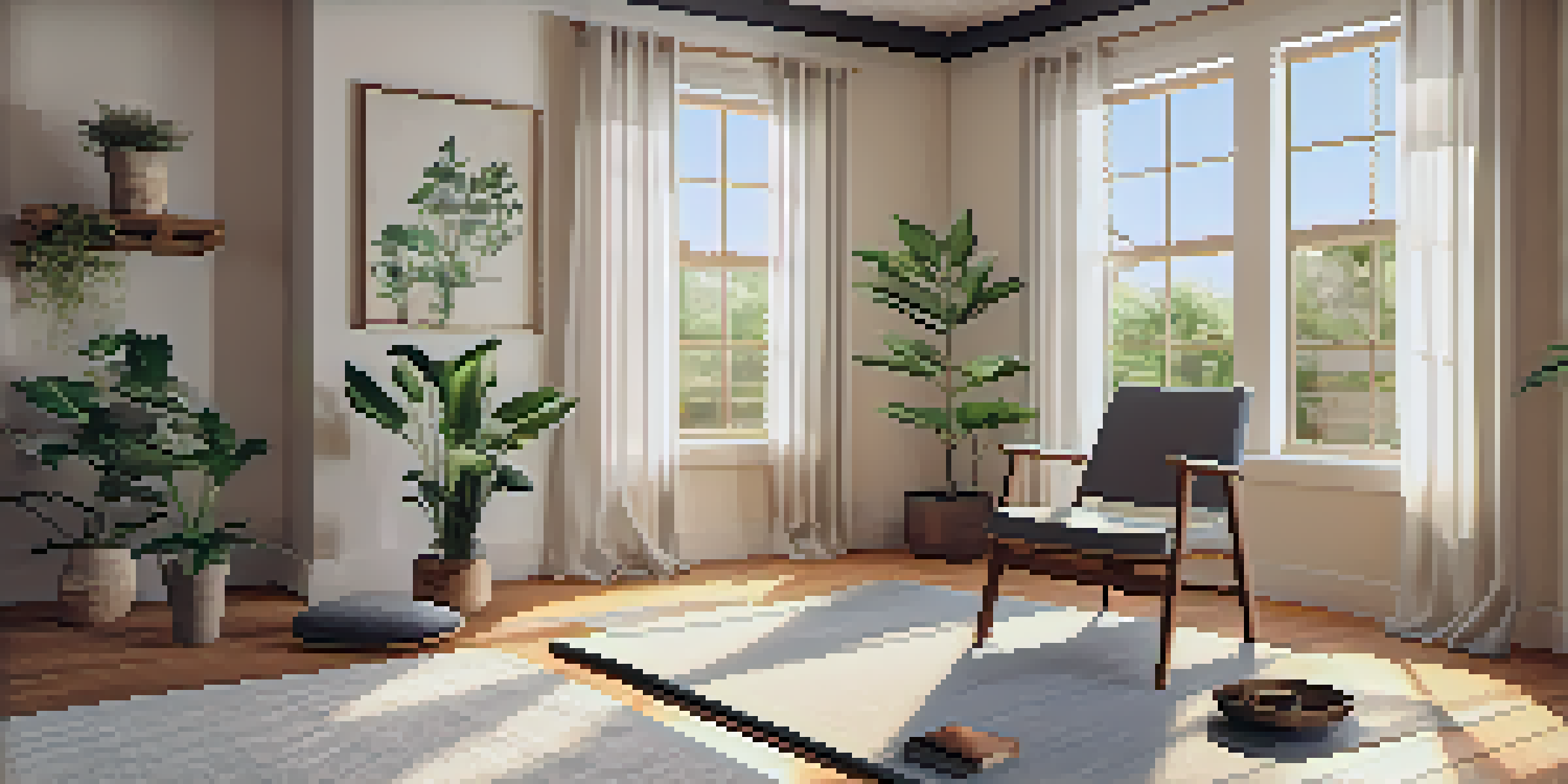 A warm, inviting home yoga space with a sturdy chair on a soft rug, surrounded by plants and yoga props, illuminated by natural light.