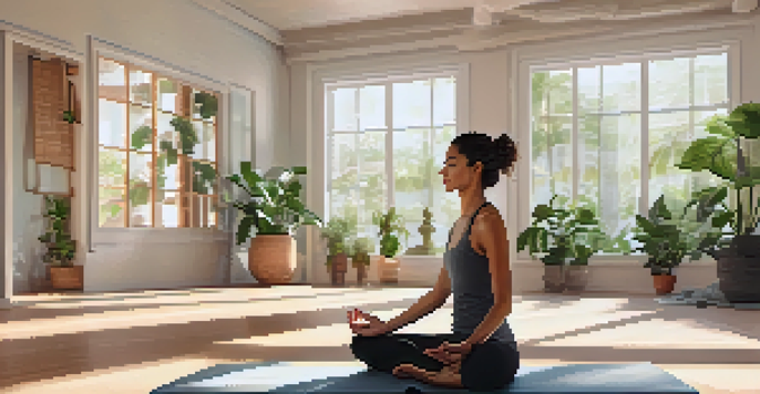 A person meditating in a bright and peaceful yoga studio surrounded by plants and natural light.