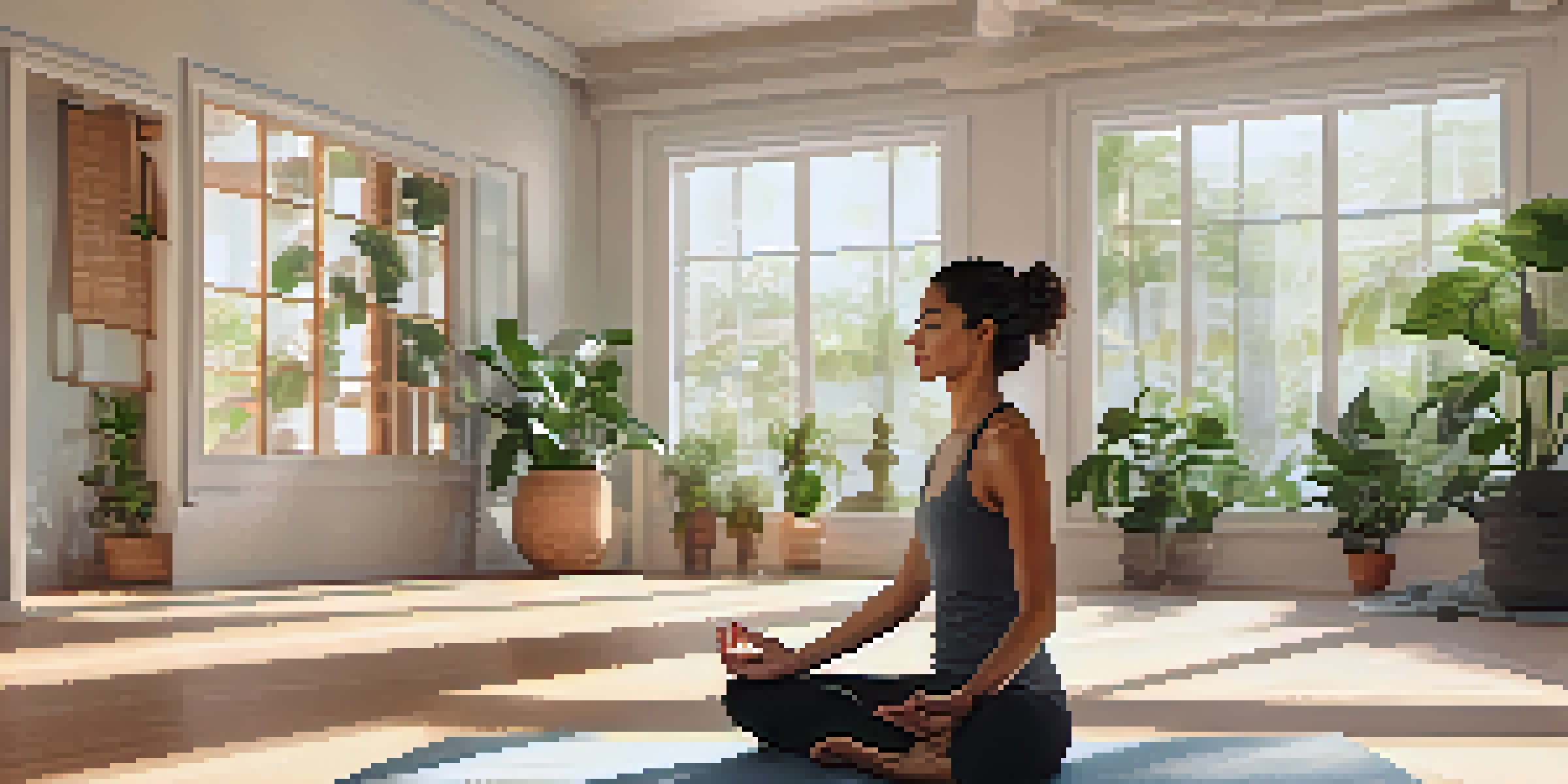 A person meditating in a bright and peaceful yoga studio surrounded by plants and natural light.