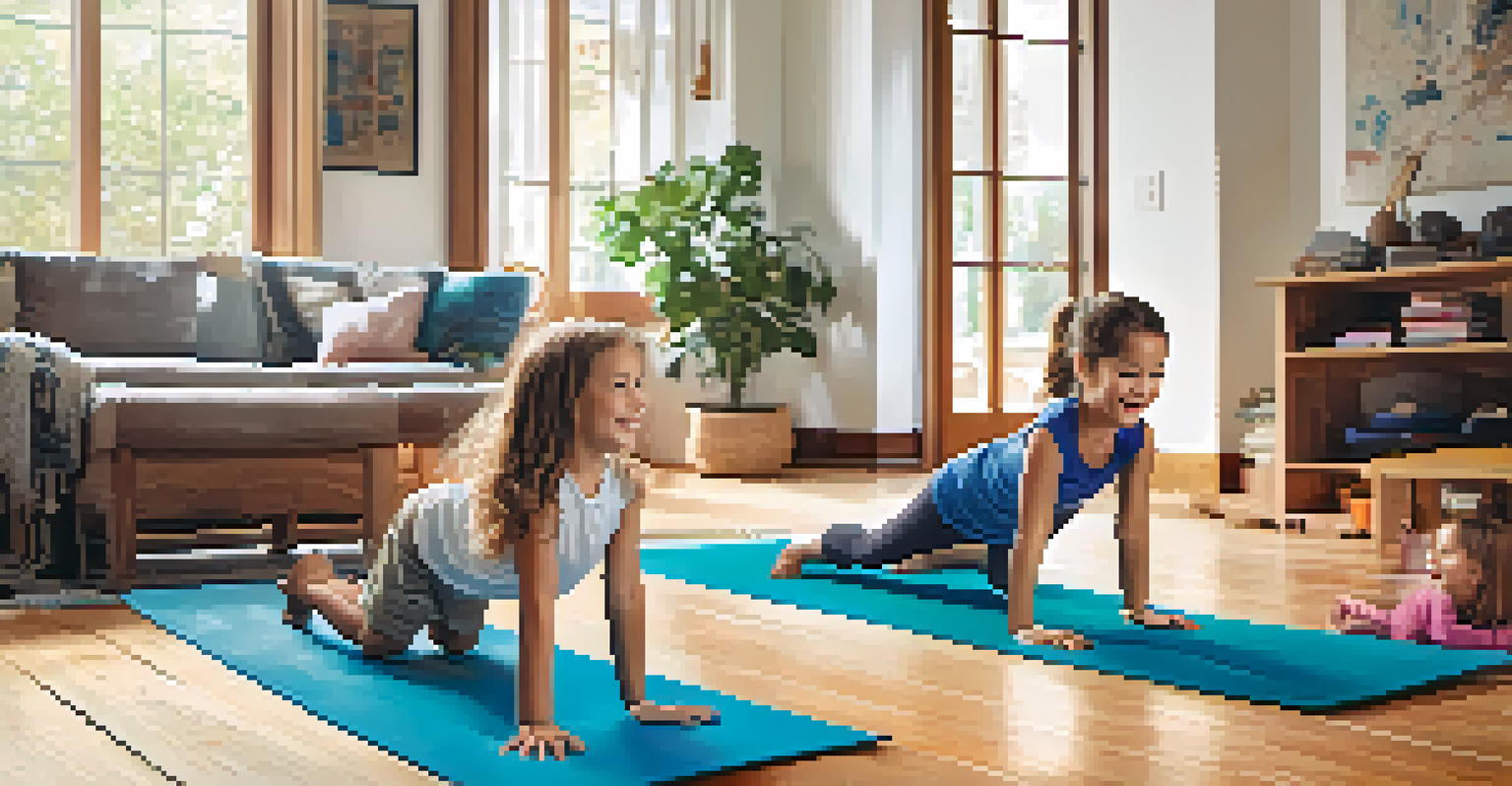 A family enjoying yoga together in Downward Dog, with children laughing and playing in a bright living room.
