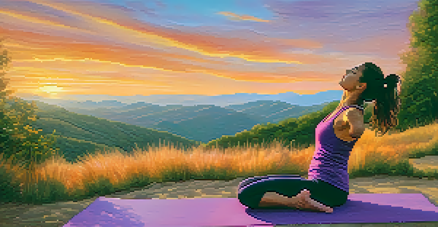A person practicing yoga on a hillside during a colorful sunset, surrounded by nature.