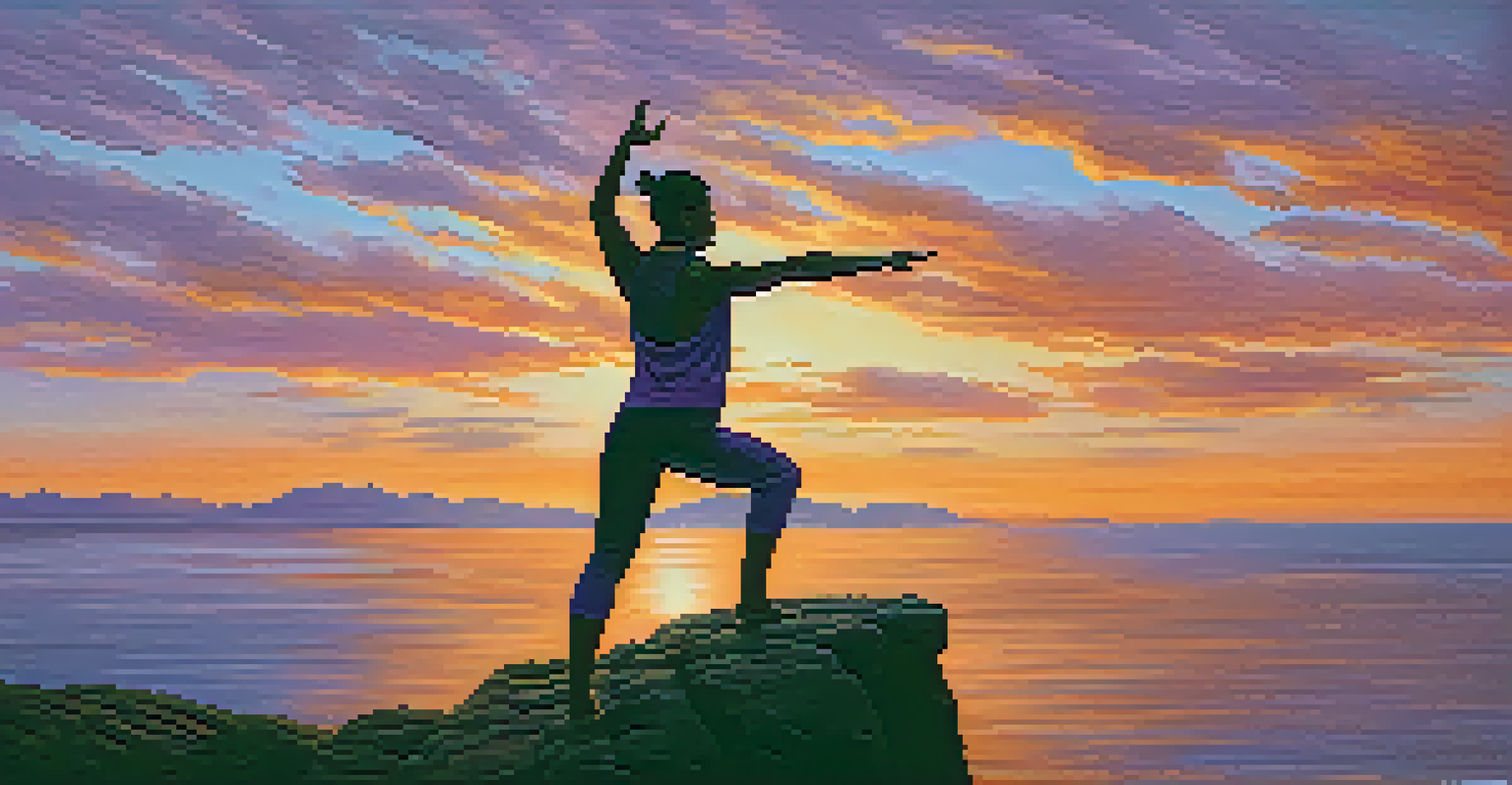 A person in Warrior III pose on a cliff during sunset with a colorful sky.