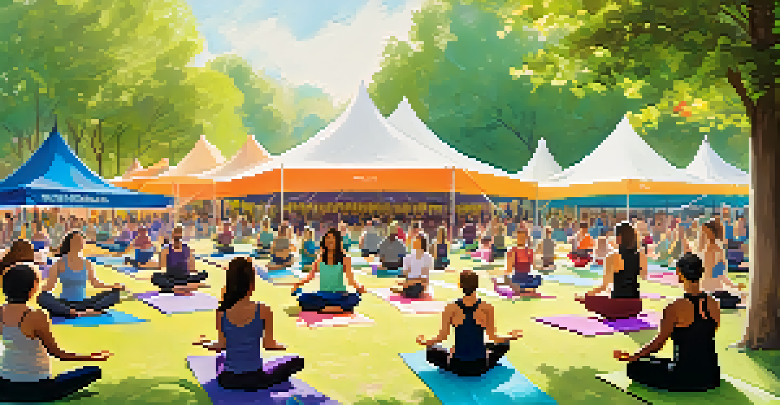 A diverse group of individuals practicing yoga together at a community event in a park, with colorful banners in the background.