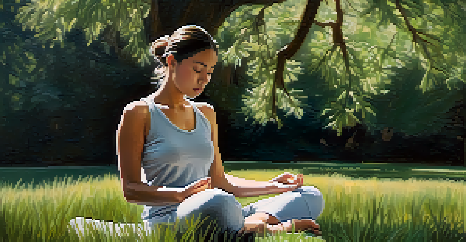An individual practicing deep breathing outdoors, surrounded by nature.