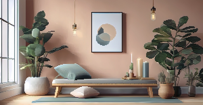 A peaceful home yoga space with soft lighting, yoga mat, bolsters, and calming decorations.