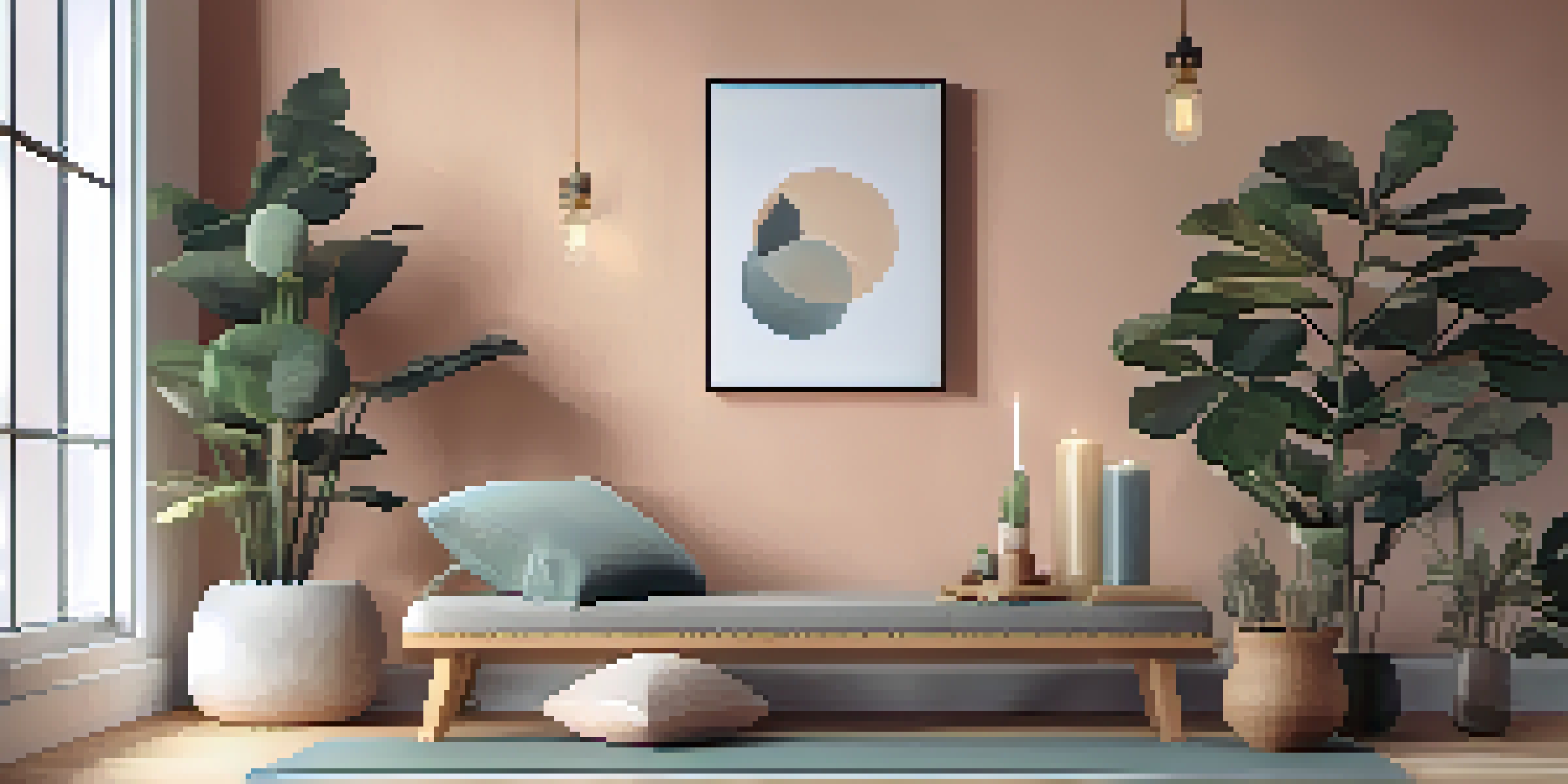 A peaceful home yoga space with soft lighting, yoga mat, bolsters, and calming decorations.