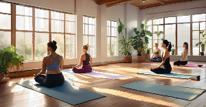 A diverse group of individuals practicing yoga in a bright and calming studio with plants.