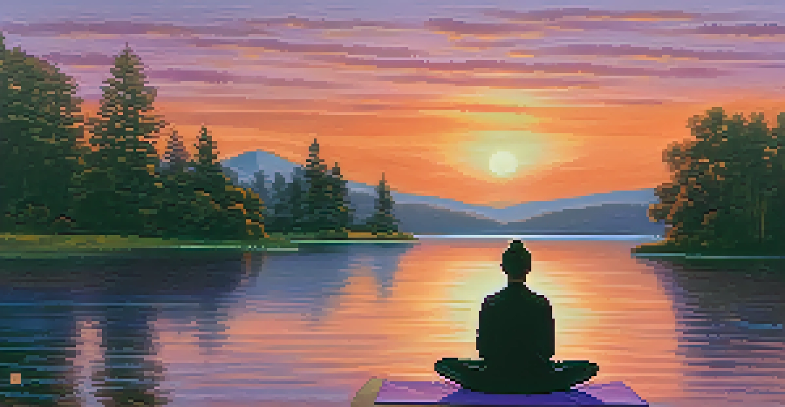 A person meditating by a lake during sunset with vibrant colors in the sky.