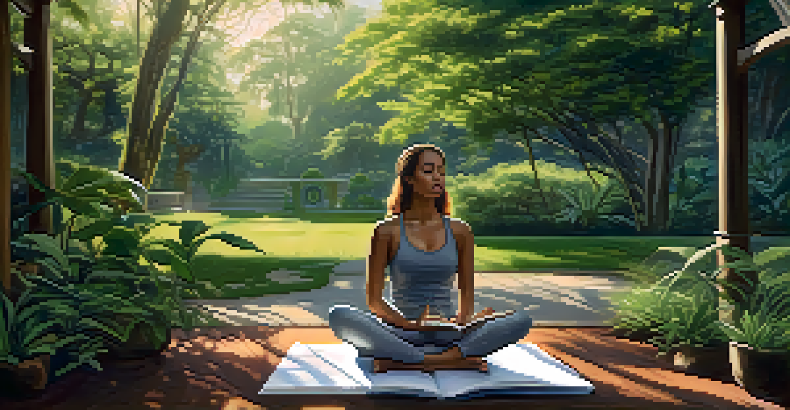 A person journaling on a yoga mat outdoors, surrounded by greenery, depicting a moment of self-reflection.