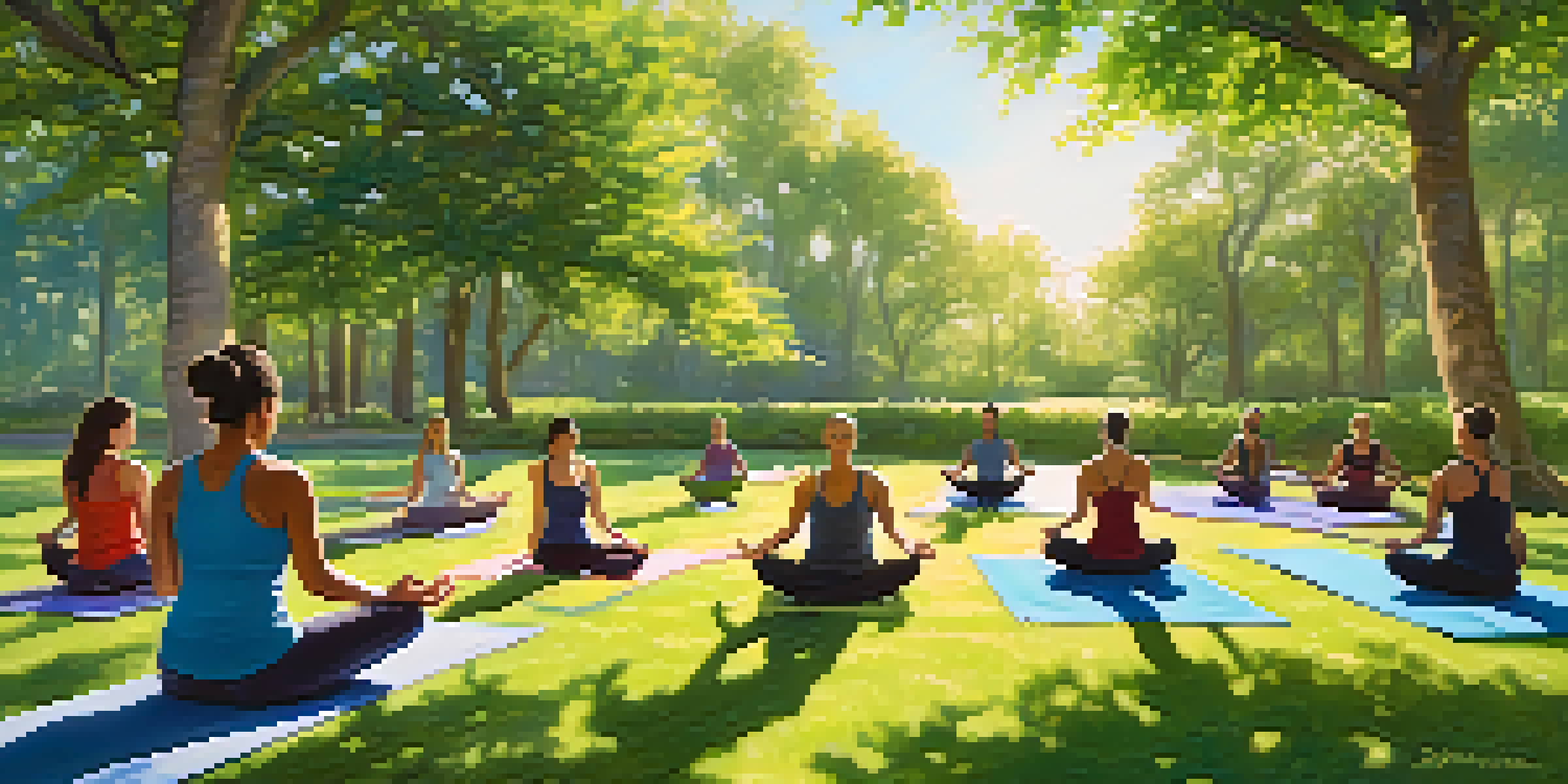 A diverse group of people practicing yoga outdoors in a green park, surrounded by trees and flowers.