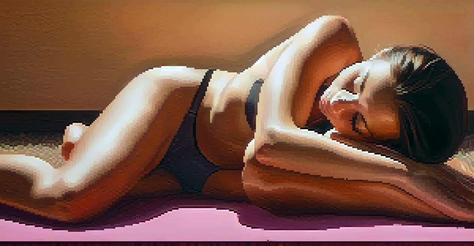 A person lying on a yoga mat practicing diaphragmatic breathing, with hands positioned to indicate breathing technique.