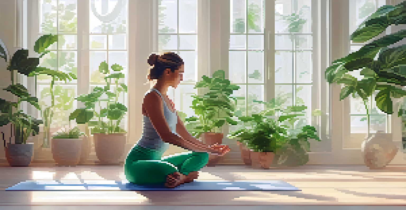 A bright yoga room with a diffuser and a person practicing yoga, representing energy and focus.