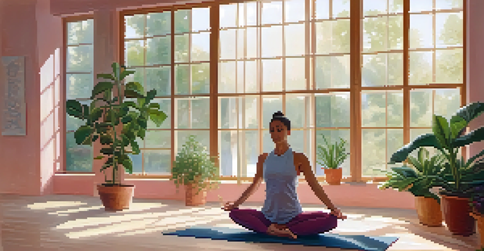 A person practicing yoga in a bright, serene studio filled with natural light and plants.