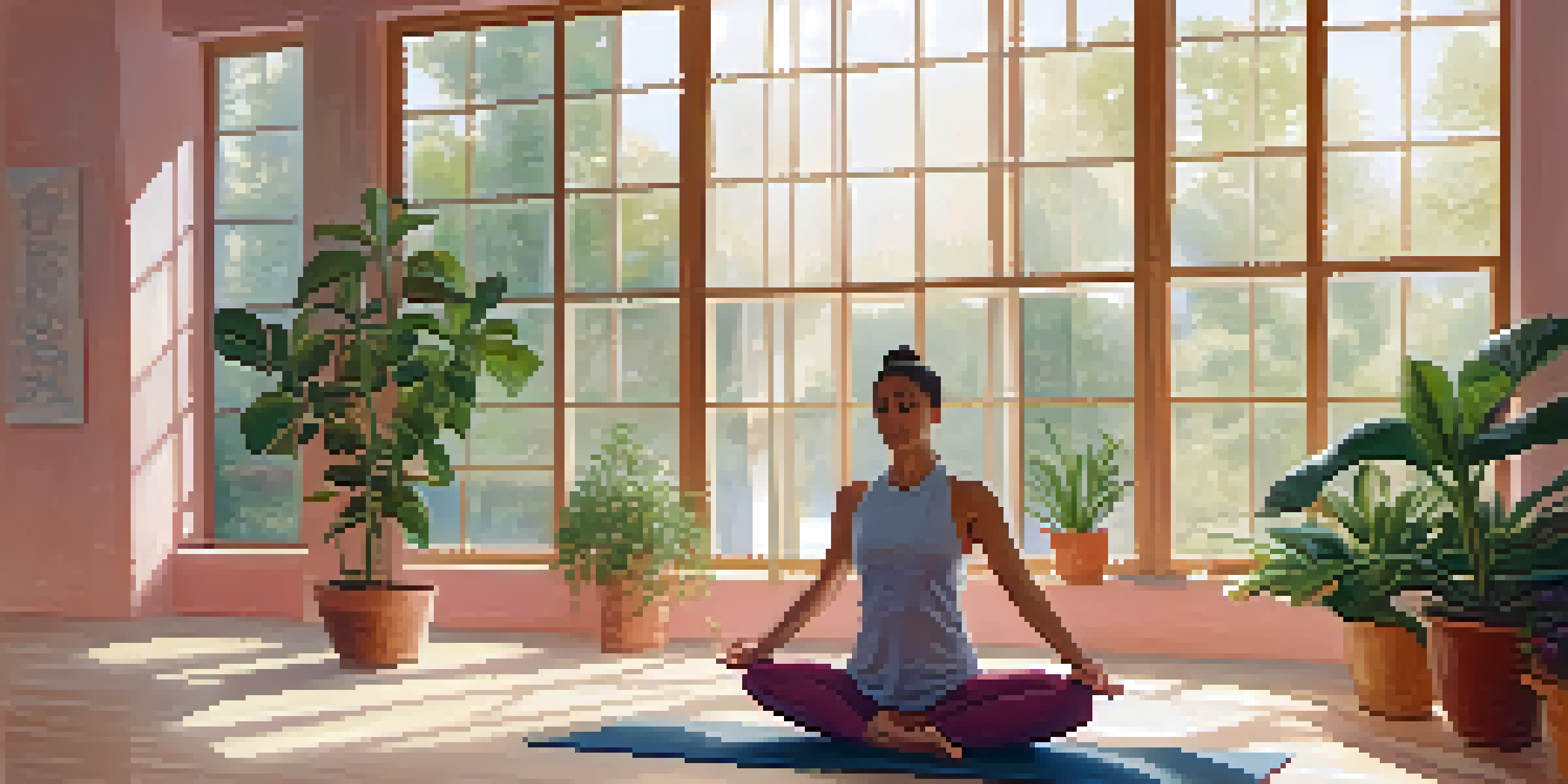 A person practicing yoga in a bright, serene studio filled with natural light and plants.
