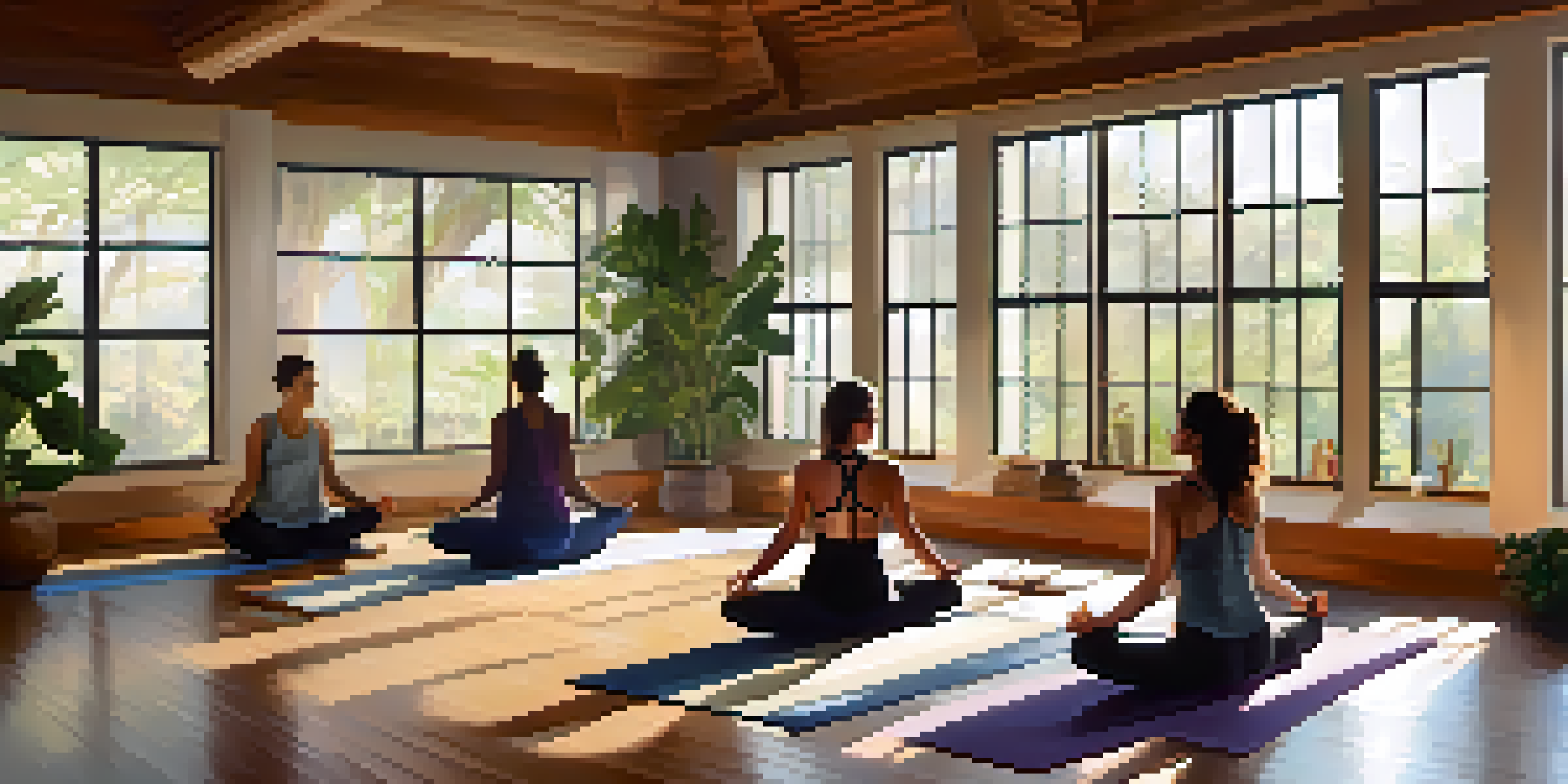 A diverse group of individuals practicing yoga in a serene studio, with soft morning light and plants around.