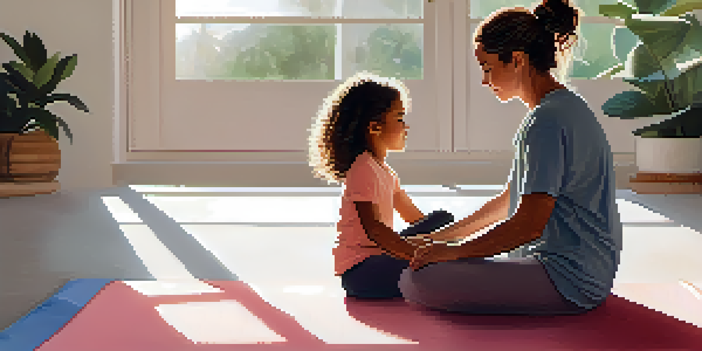 A parent and child practicing breathwork on a yoga mat, looking serene and engaged.