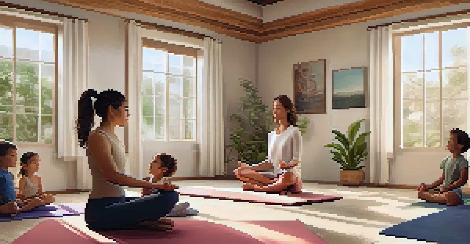 A cozy indoor scene of a family practicing yoga, with various activities happening simultaneously, showcasing individual engagement.