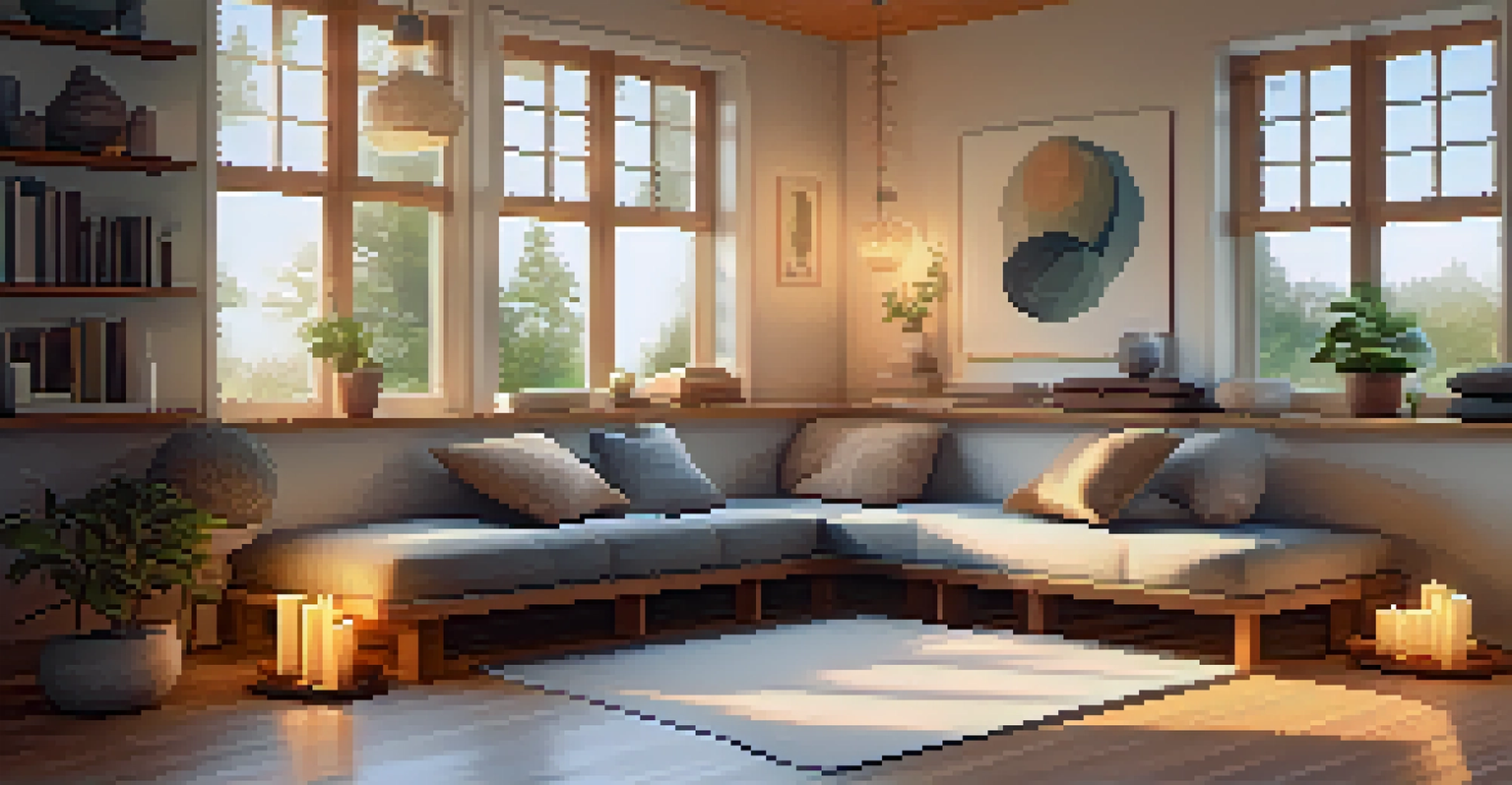 A cozy yoga corner in a living room with a mat, cushions, candles, and a bookshelf, illuminated by soft lighting.