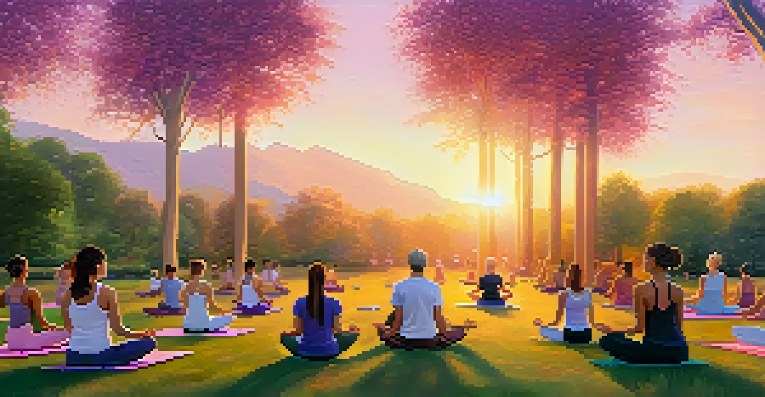 An outdoor yoga class at sunset with participants in meditation surrounded by nature.