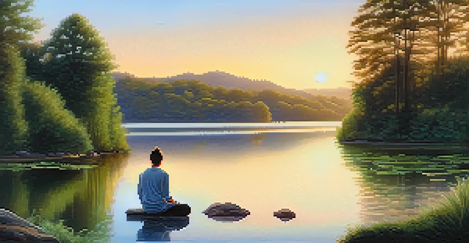 A person meditating by a calm lake at sunrise, surrounded by lush greenery and a pastel-colored sky reflecting on the water.
