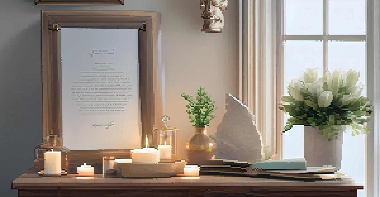 A cozy yoga corner with candles, essential oil diffuser, a journal, and crystals, creating a tranquil atmosphere.