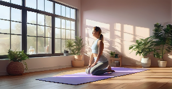 A tranquil yoga studio with wooden floors, pastel yoga mats, and a person practicing a gentle pose, illuminated by warm natural light and surrounded by candles.