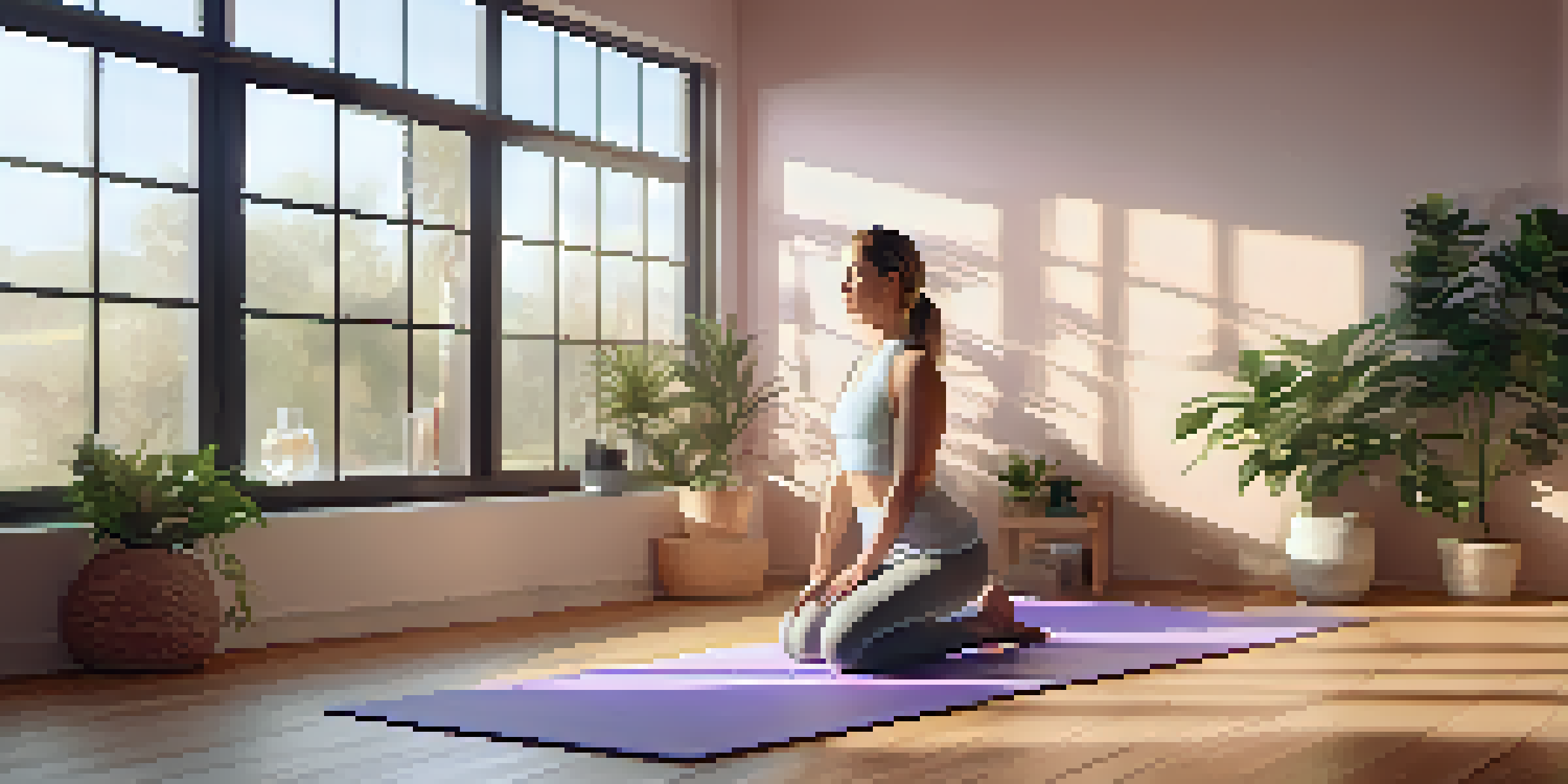 A tranquil yoga studio with wooden floors, pastel yoga mats, and a person practicing a gentle pose, illuminated by warm natural light and surrounded by candles.