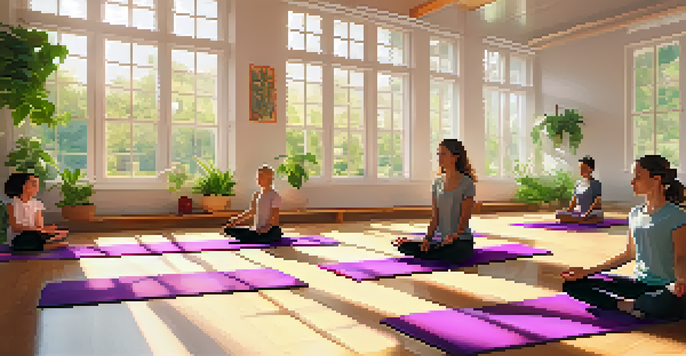 Students practicing yoga in a bright classroom filled with natural light and greenery.