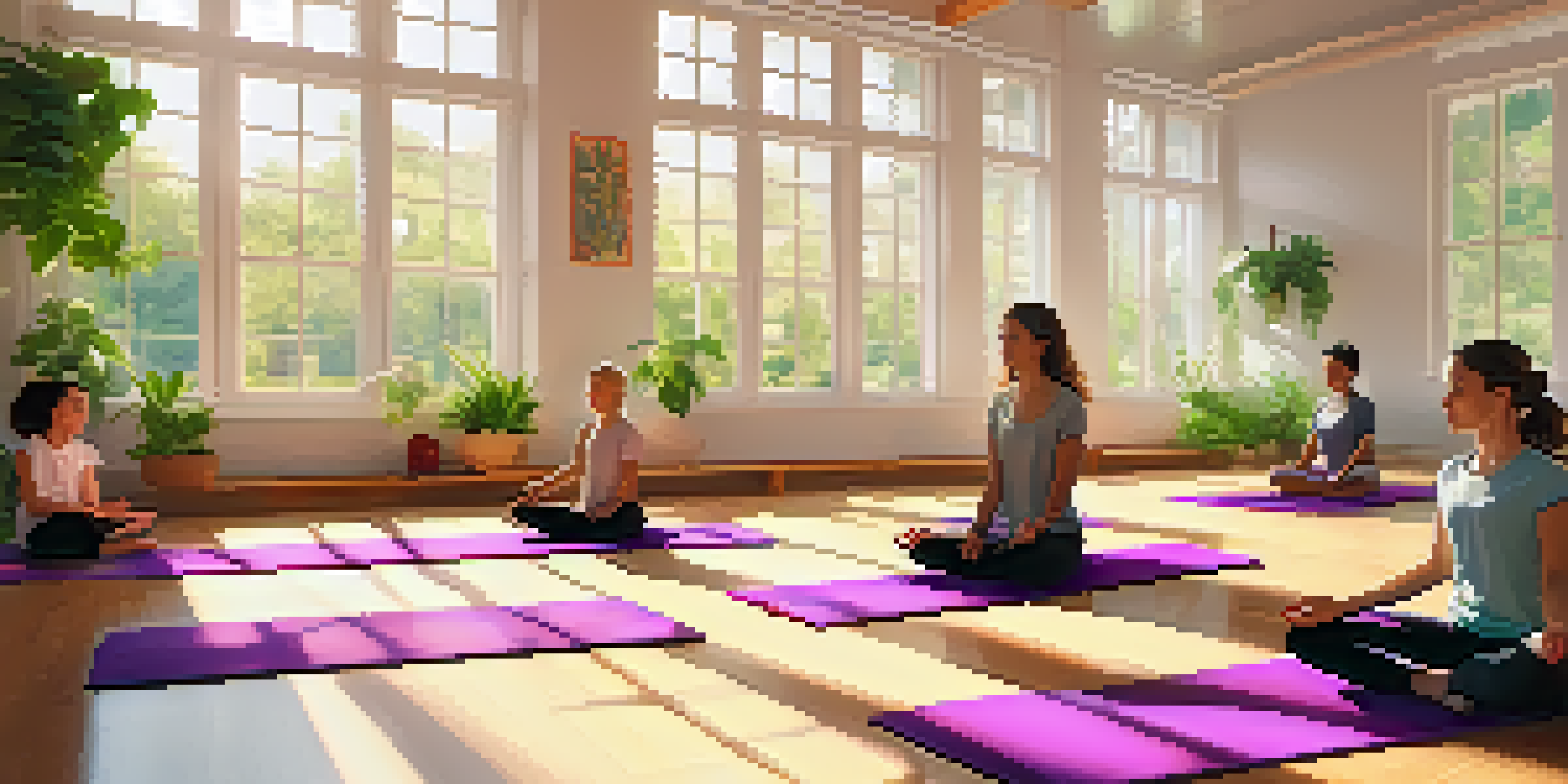 Students practicing yoga in a bright classroom filled with natural light and greenery.