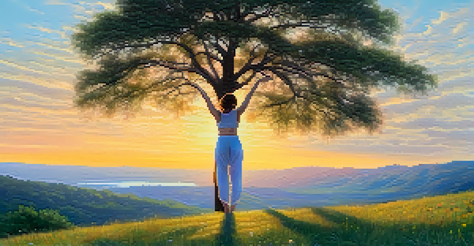 A person practicing Tree Pose on a hilltop at sunrise, surrounded by trees and wildflowers under a pastel-colored sky.