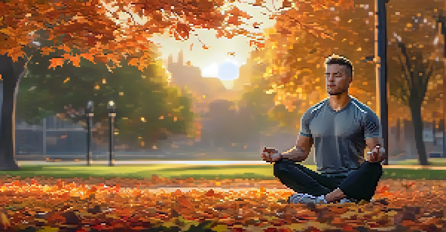 A professional athlete meditating in a park surrounded by colorful autumn leaves during sunset.