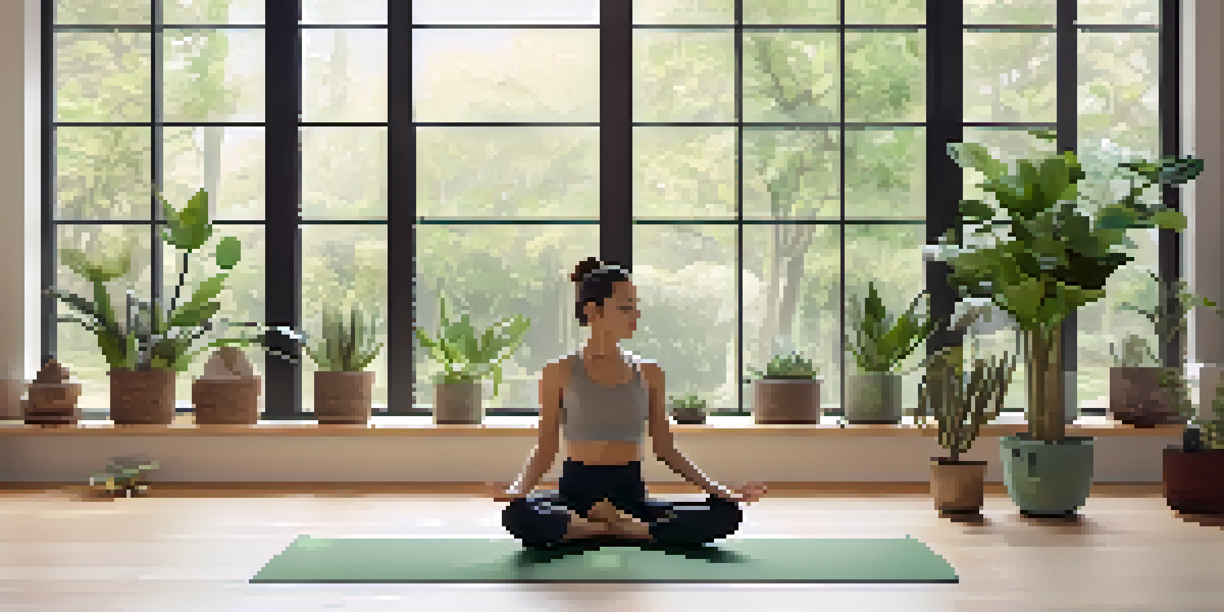 A peaceful yoga space with natural light, pastel green walls, a yoga mat on a wooden floor, and potted plants.