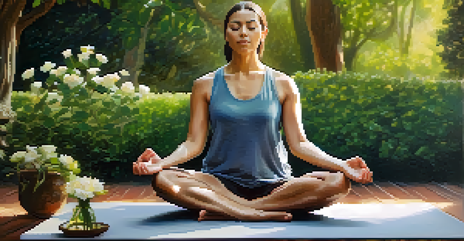 A person practicing breath control in a tranquil garden, sitting cross-legged with a serene expression.