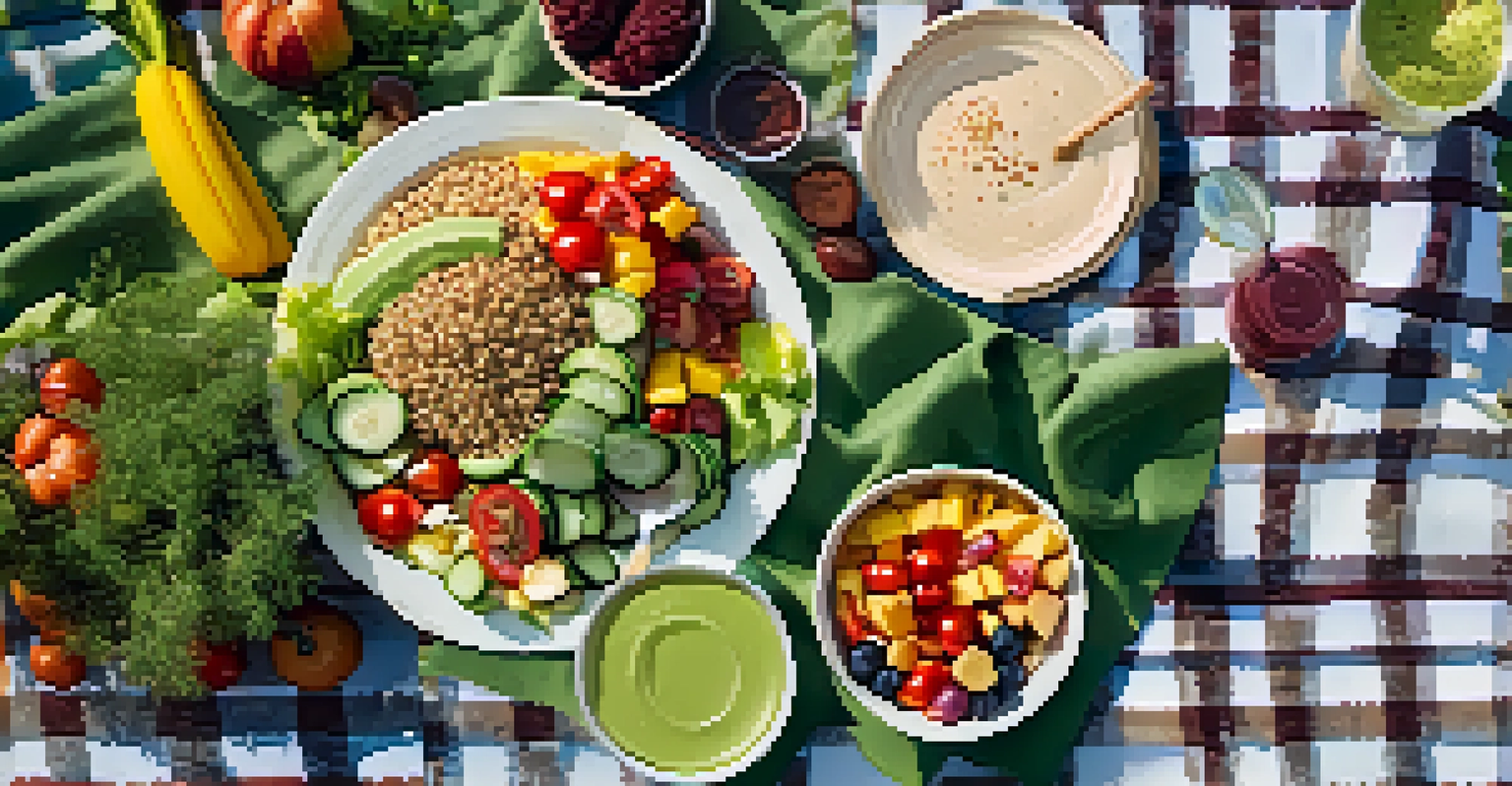 An overhead view of a quinoa salad and smoothie on a picnic blanket in a sunny park.