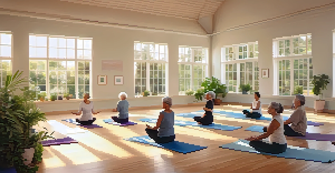 A group of seniors practicing yoga in a bright room with large windows, displaying a warm and inviting atmosphere.