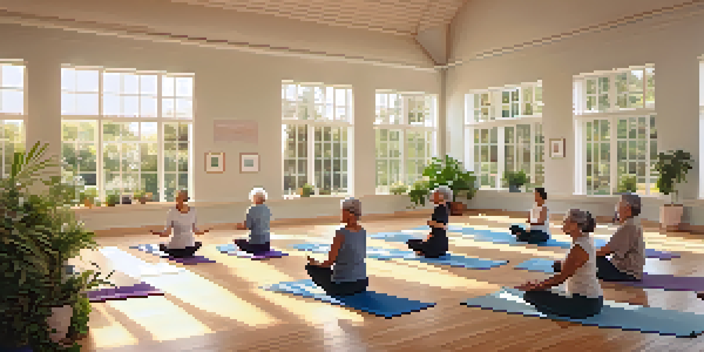 A group of seniors practicing yoga in a bright room with large windows, displaying a warm and inviting atmosphere.