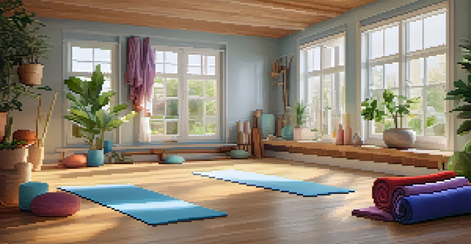 A yoga studio filled with colorful props like blankets and bolsters, illuminated by warm natural light, creating a welcoming atmosphere.