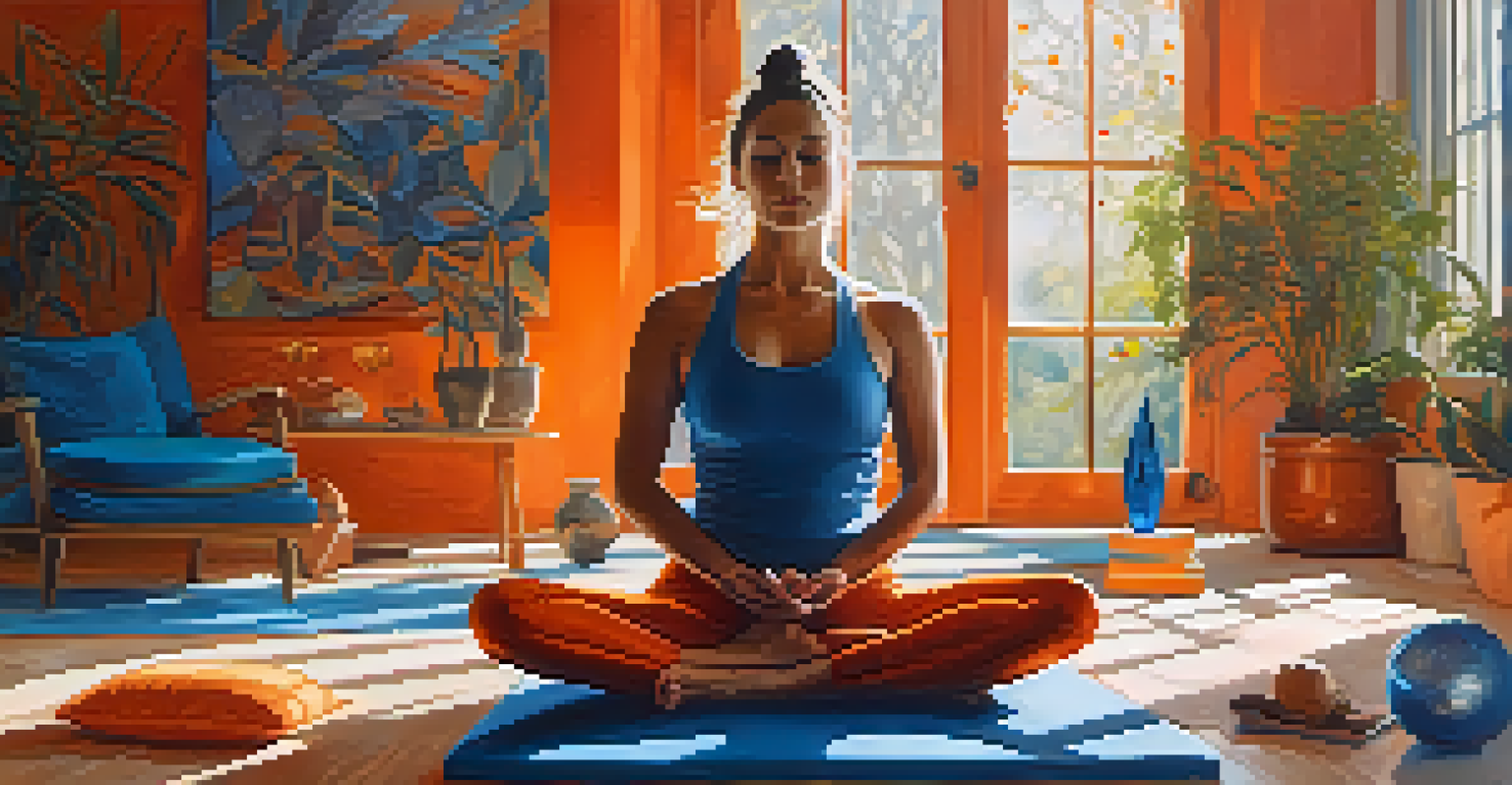 A person practicing yoga in a sunlit room, surrounded by orange and blue decor, crystals, and art supplies, embodying creativity and balance.