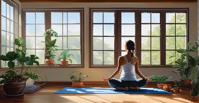 A yoga practitioner in Child's Pose in a bright studio surrounded by plants and nature art.