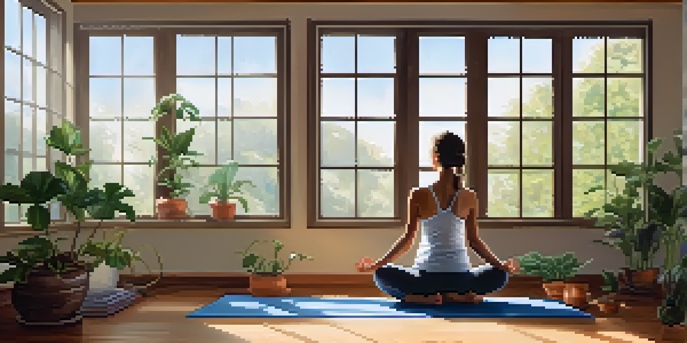 A yoga practitioner in Child's Pose in a bright studio surrounded by plants and nature art.