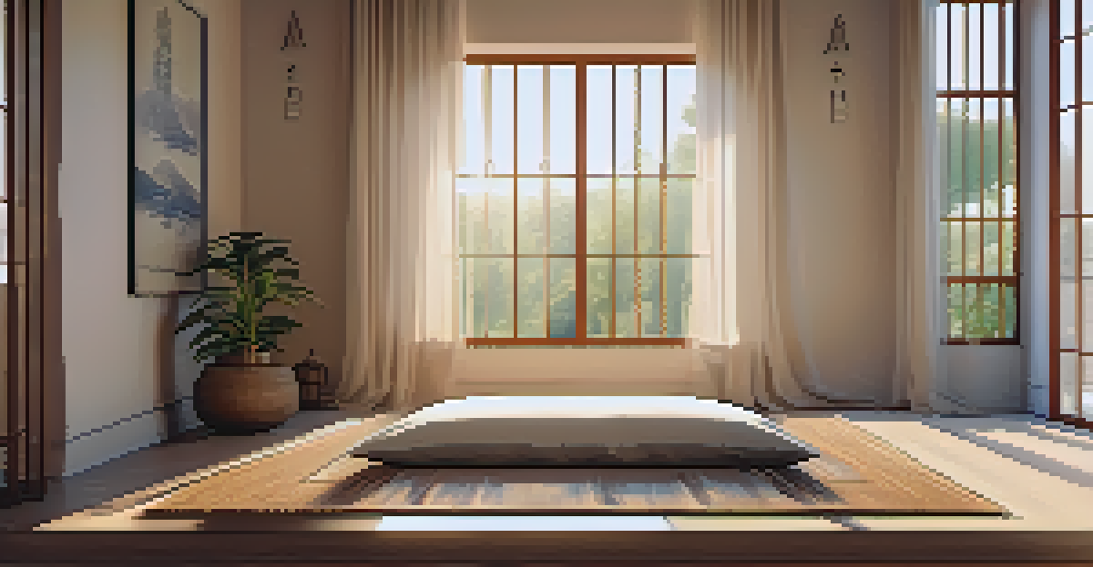 A peaceful meditation space with a cushion, candles, and sunlight filtering through curtains.