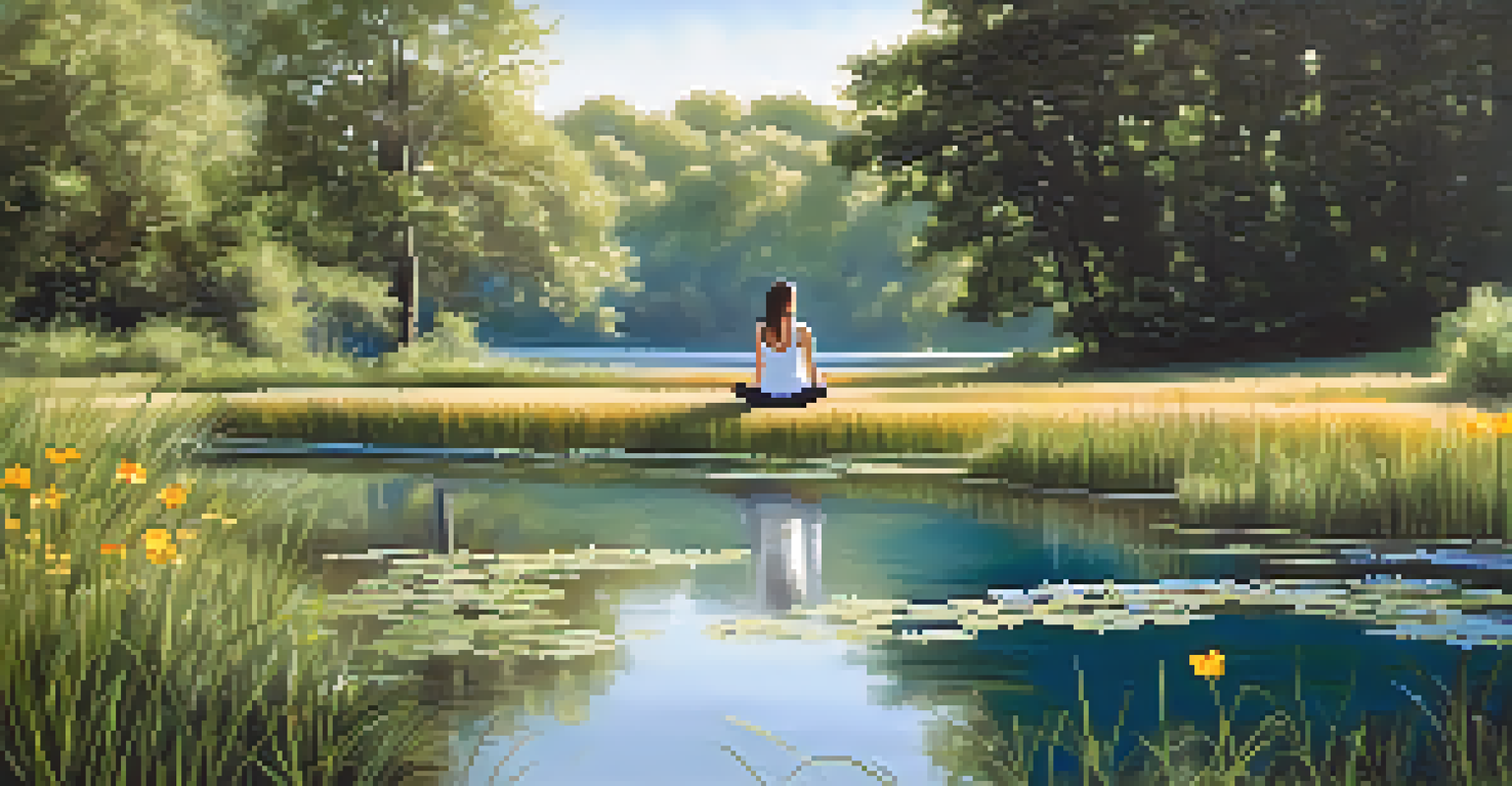 A person practicing yoga outdoors beside a peaceful pond, surrounded by blooming wildflowers and trees.