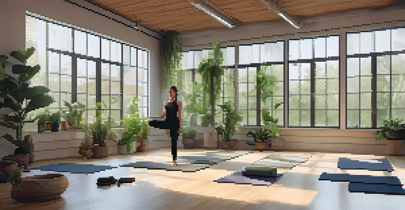 A yoga studio filled with natural light, featuring an instructor demonstrating a pose and students practicing mindfulness.