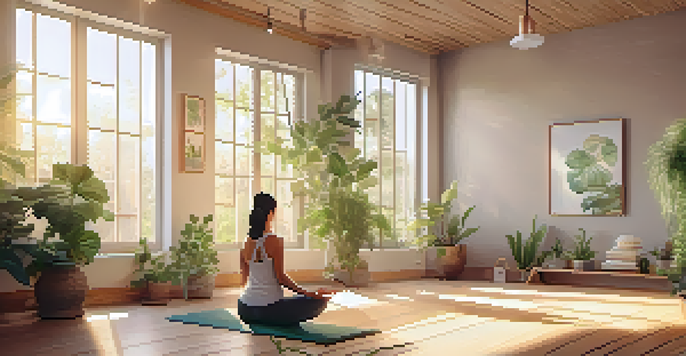 A peaceful yoga studio with sunlight, wooden floors, and a person practicing yoga surrounded by plants.